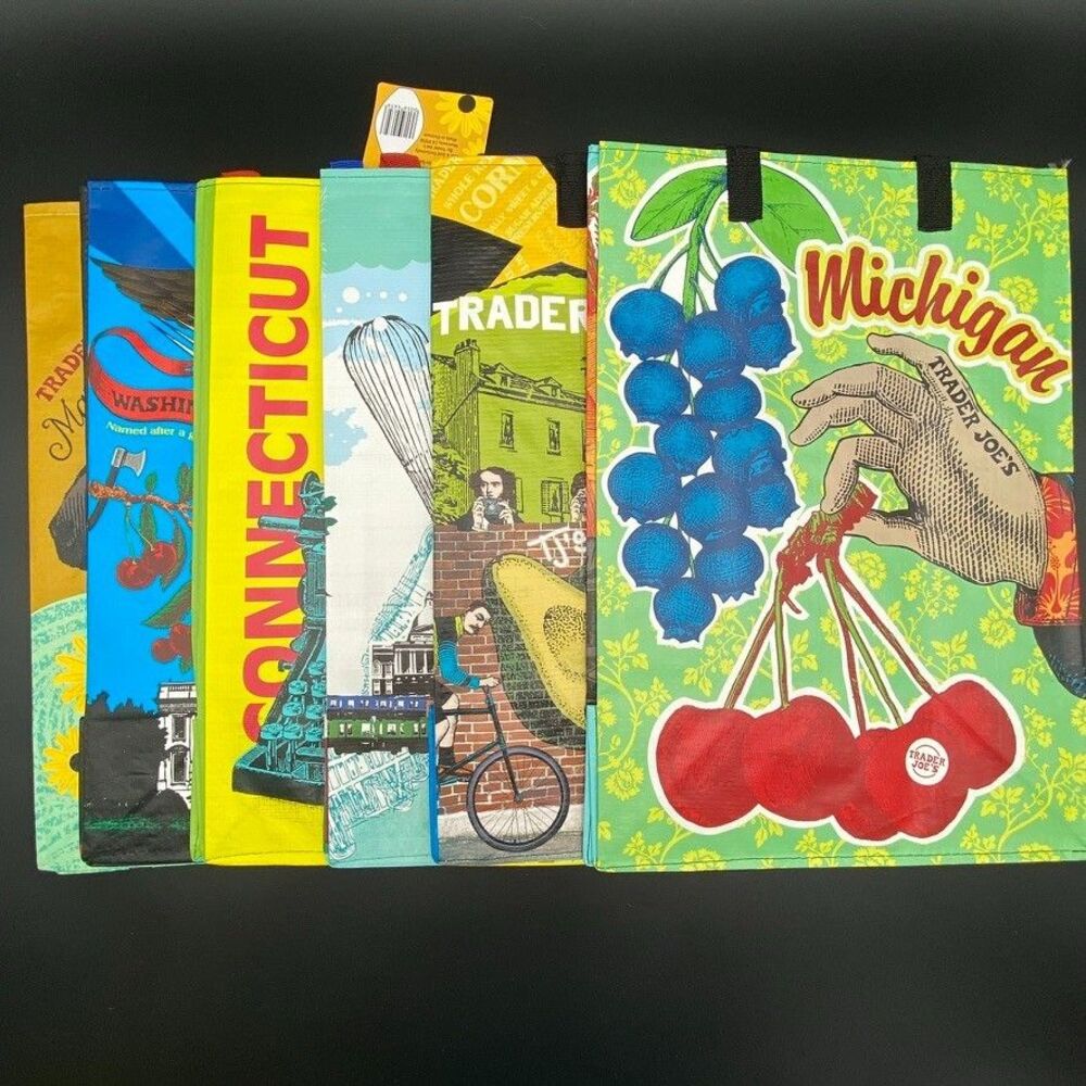 Trader Joe's State Reusable Tote Bags Lot of 6 NWT Michigan CA Boston MD DC CT